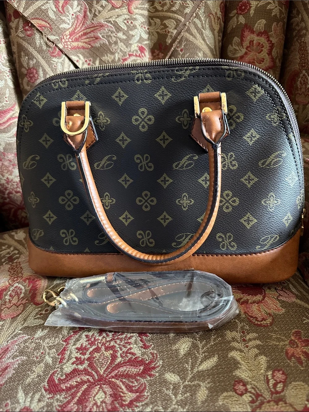Brown Patterned Dome Satchel Handbag with Tan Trim